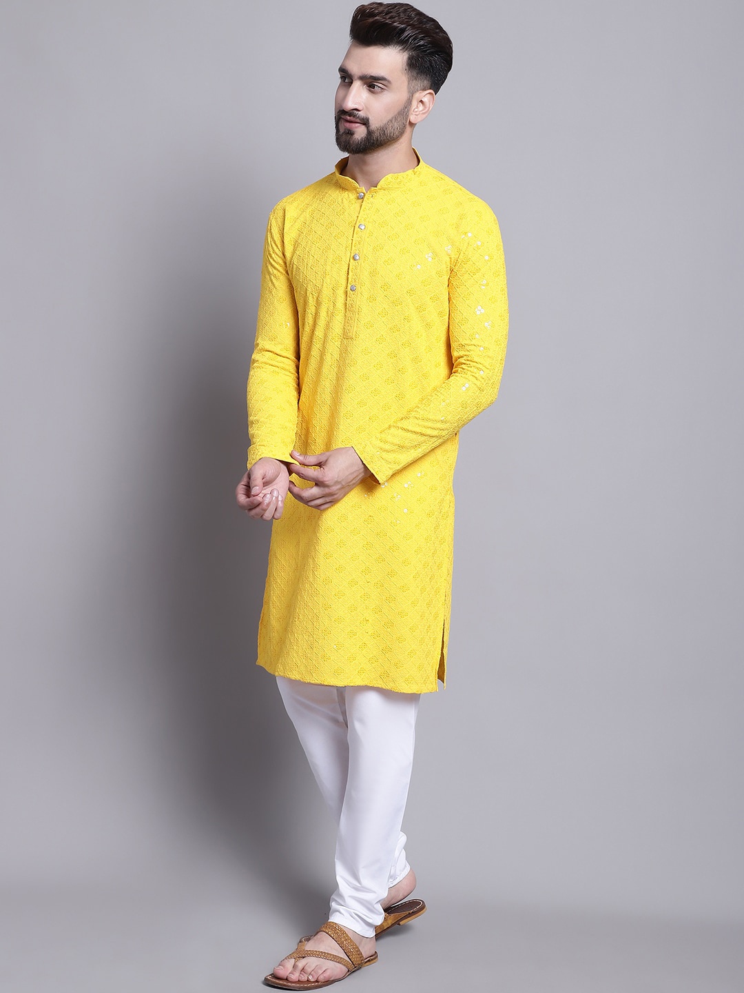 

SOJANYA Geometric Embroidered Regular Pure Cotton Kurta With Churidar, Yellow