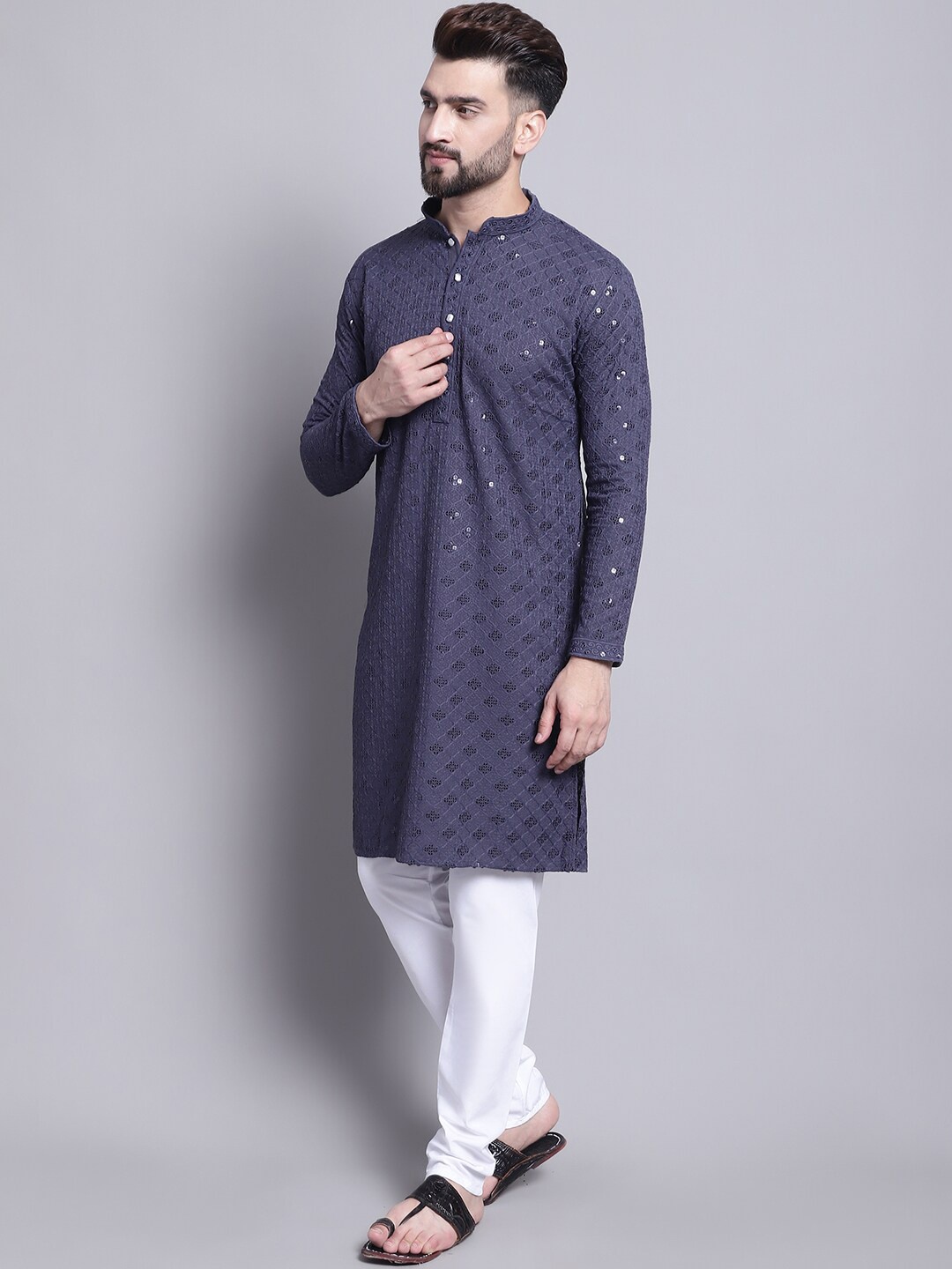 

SOJANYA Geometric Embroidered Pure Cotton Kurta With Churidar, Grey