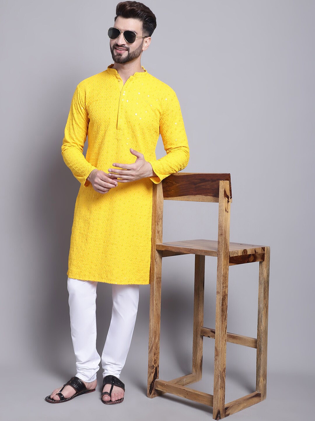 

SOJANYA Geometric Embroidered Pure Cotton Kurta With Churidar, Mustard