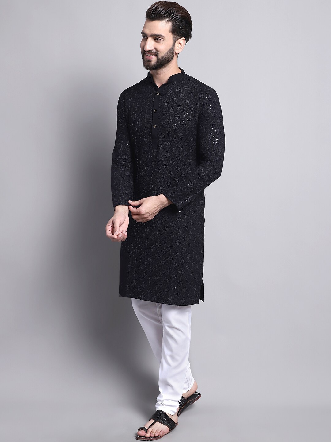 

SOJANYA Geometric Embroidered Pure Cotton Kurta With Churidar, Black