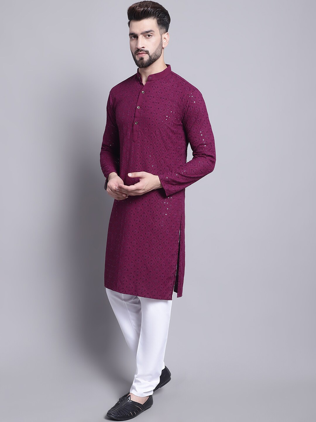 

SOJANYA Ethnic Motifs Embroidered Sequined Pure Cotton Kurta with Churidar, Purple