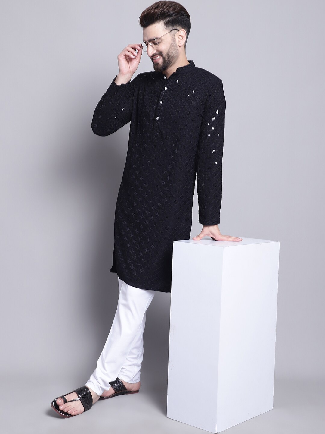 

SOJANYA Ethnic Motifs Embroidered Sequined Pure Cotton Kurta with Churidar, Black