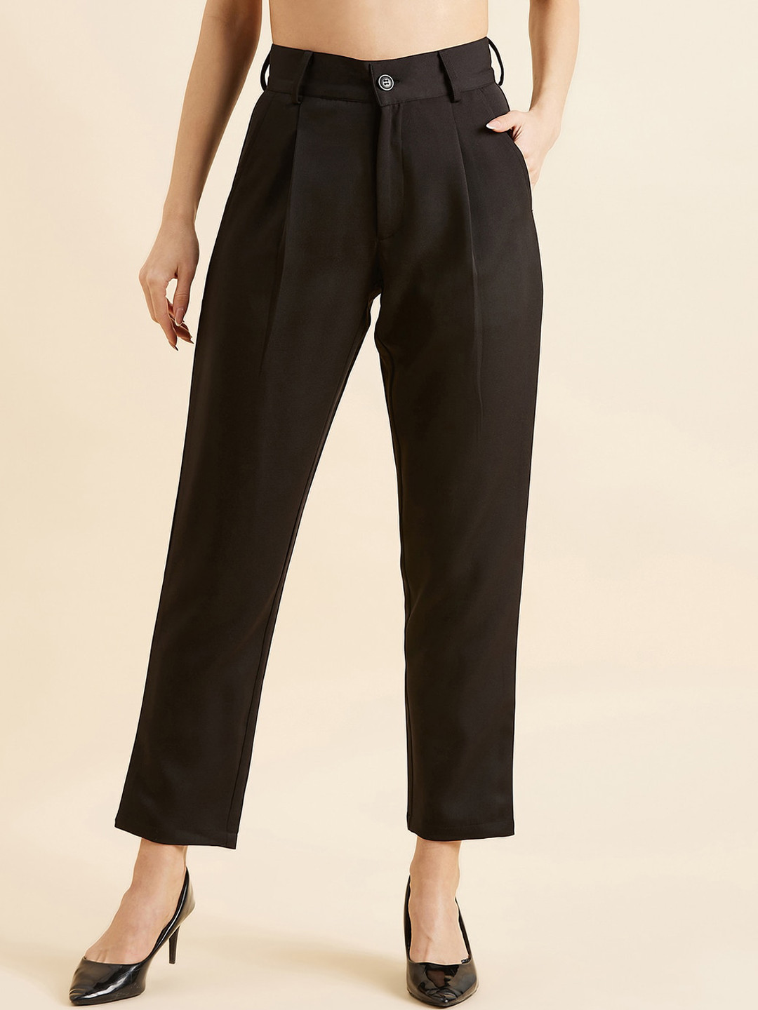 

PANIT Women Black Relaxed Straight Fit High-Rise Wrinkle Free Pleated Trousers