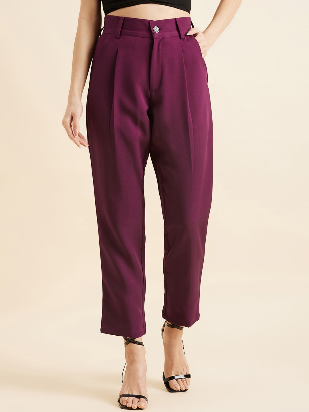 

PANIT Women Burgundy Relaxed Straight Fit High-Rise Wrinkle Free Pleated Trousers