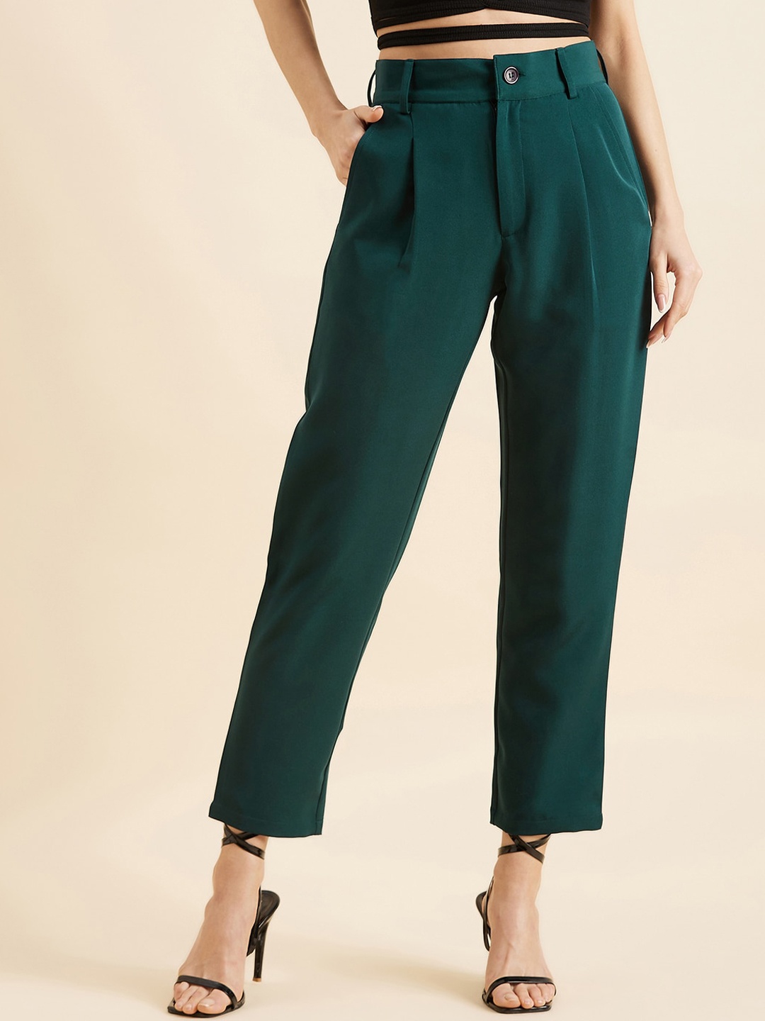 

PANIT Women Green Relaxed Straight Fit High-Rise Wrinkle Free Pleated Trousers