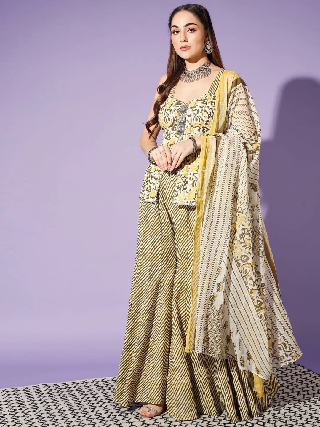 

Cation Mustard Yellow & White Printed Regular Pure Cotton Kurti With Sharara & Dupatta