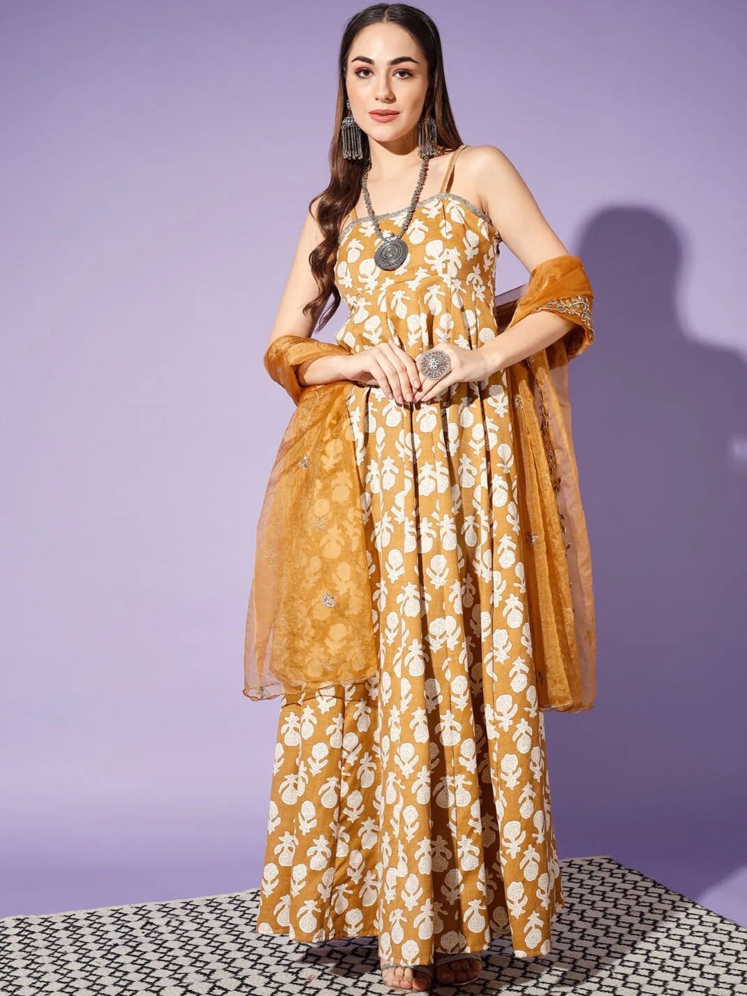 

Cation Ethnic Motifs Printed Pure Cotton Kurta With Skirt & Dupatta, Copper