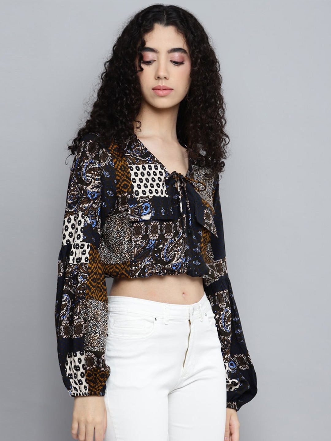 

Kook N Keech Ethnic Motifs Printed Puff Sleeves Blouson Crop Top, Black