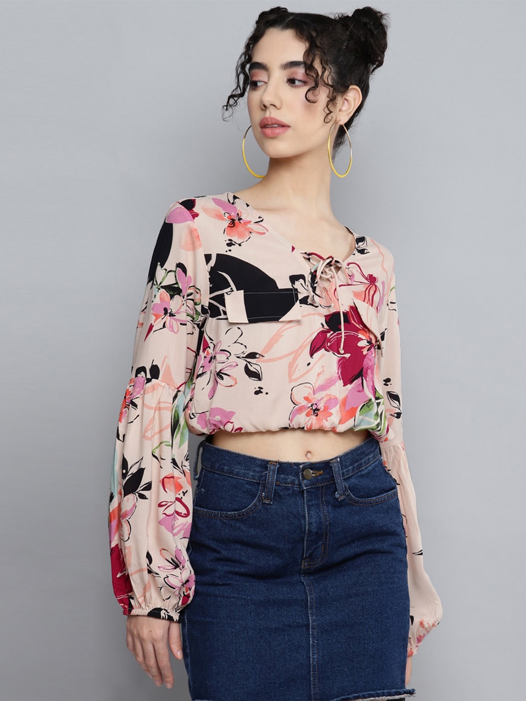 

Kook N Keech Floral Printed Puff Sleeves Blouson Crop Top, Peach