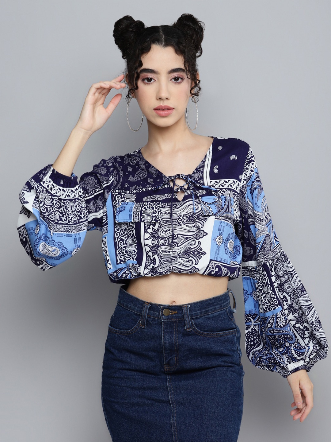

Kook N Keech Ethnic Motifs Printed Puff Sleeves Blouson Crop Top, Navy blue