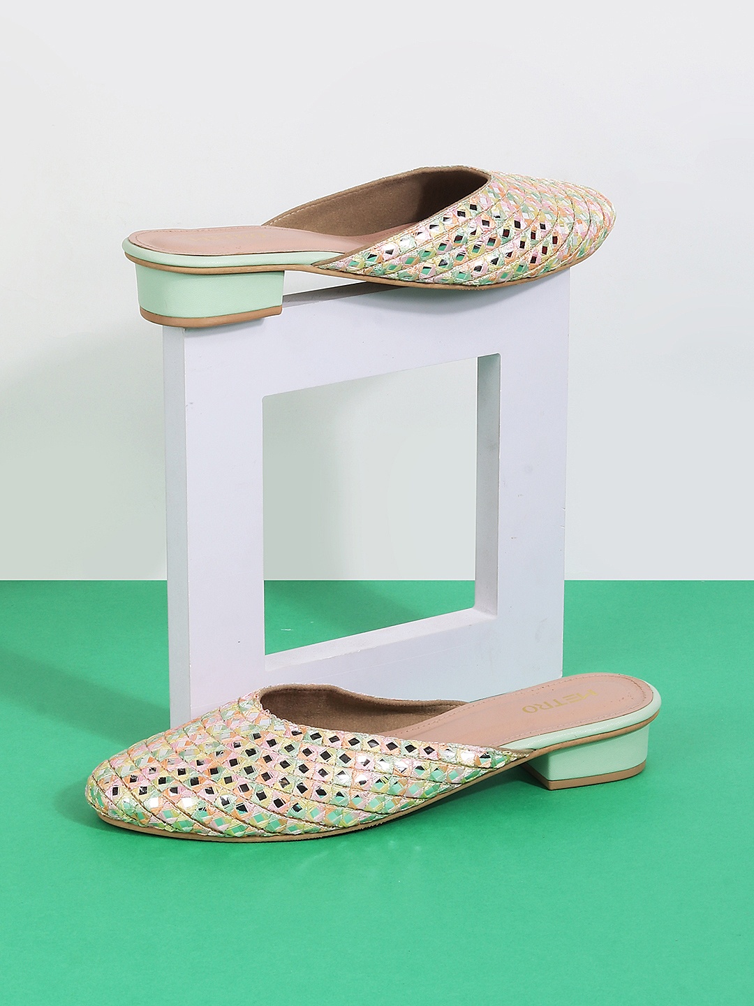 Metro Mirror Work Embroidered Block Heel Mules, Sea green
