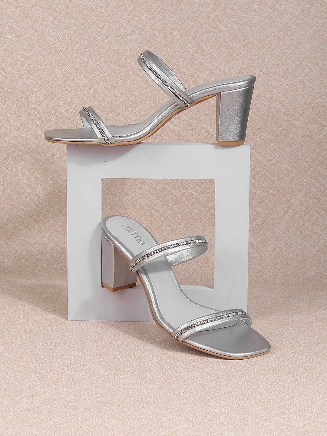 

Metro Embellished Strap Block Heels, Silver
