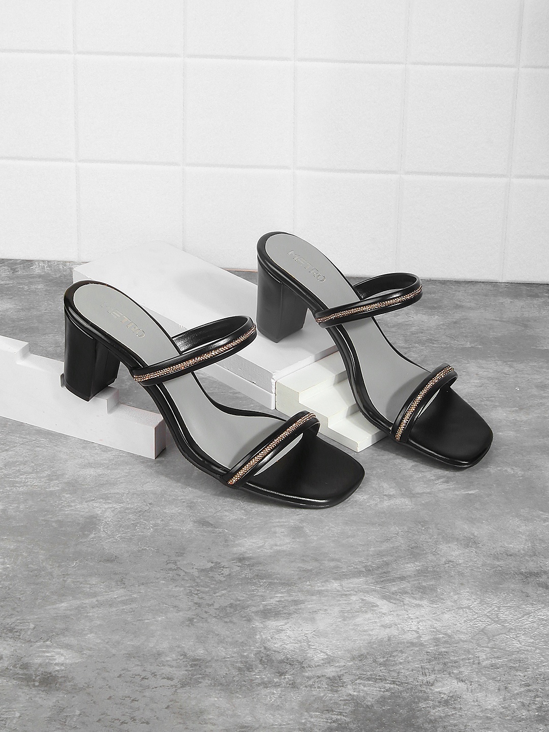 

Metro Embellished Strap Block Heels, Black