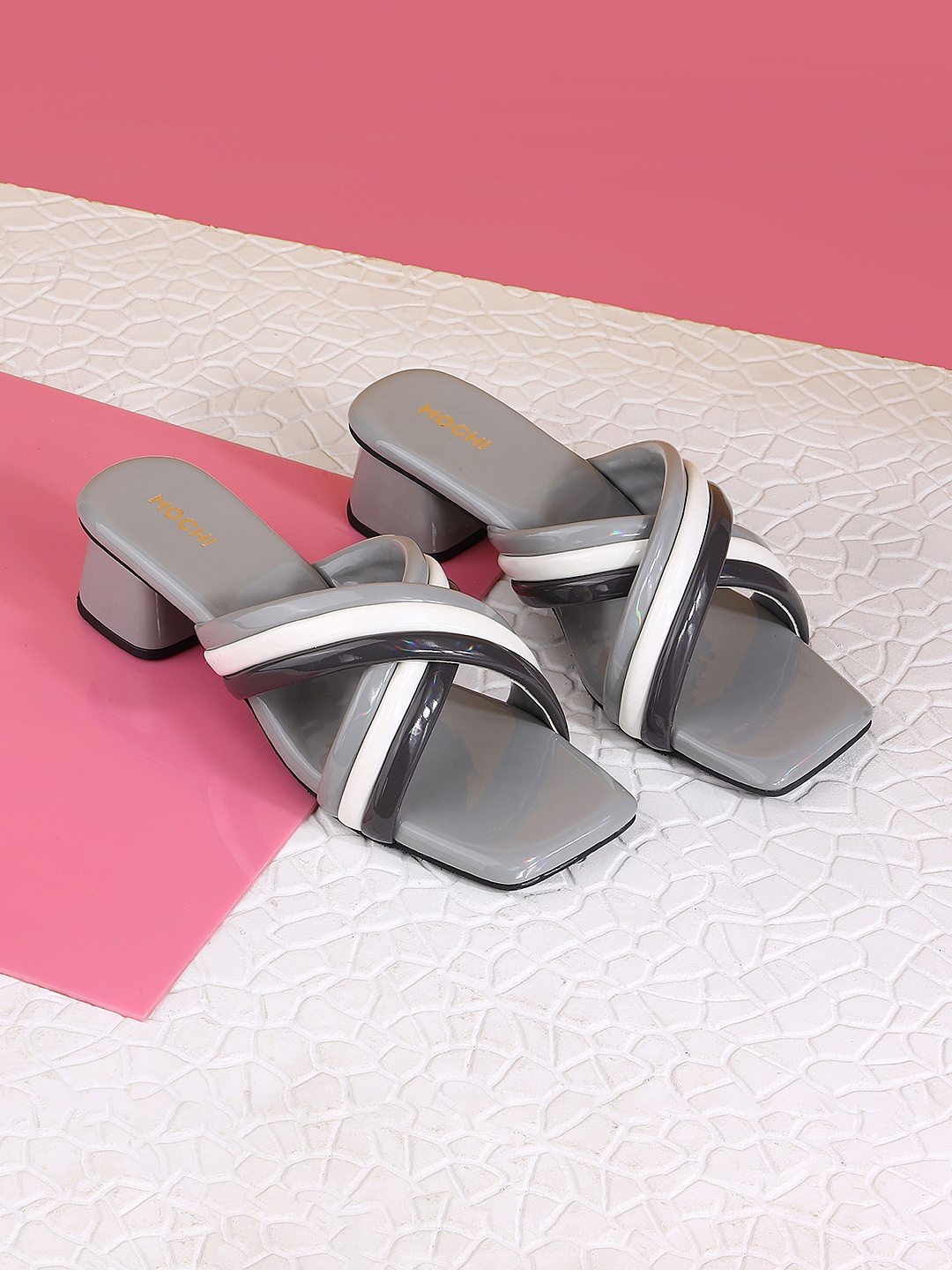 

Mochi Striped Criss-Cross Block Heels, Grey