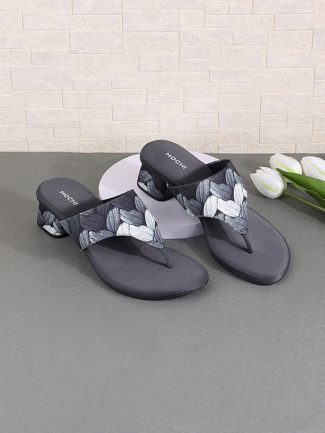 

Mochi Printed T-Strap Block Heels, Grey