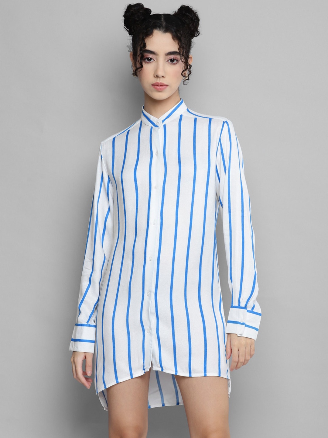 

Kook N Keech Blue And White Striped Cuffed Sleeves Shirt Mini Dress