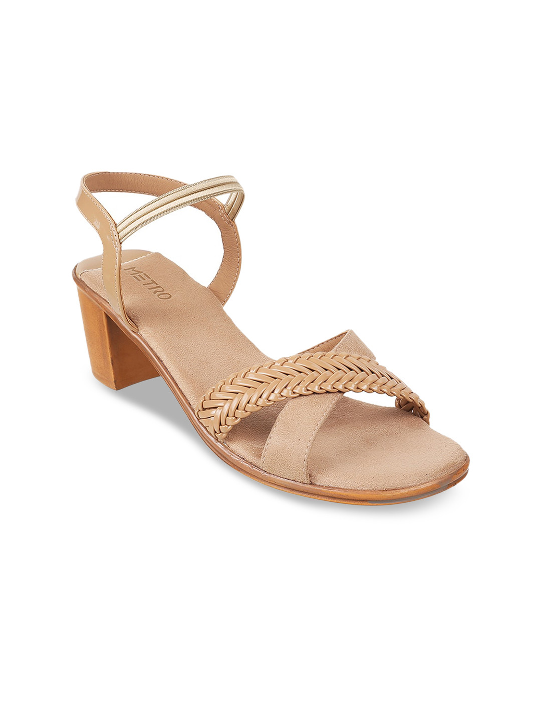 

Metro Textured Cross Strap Open Toe Block Heels With Backstrap, Beige