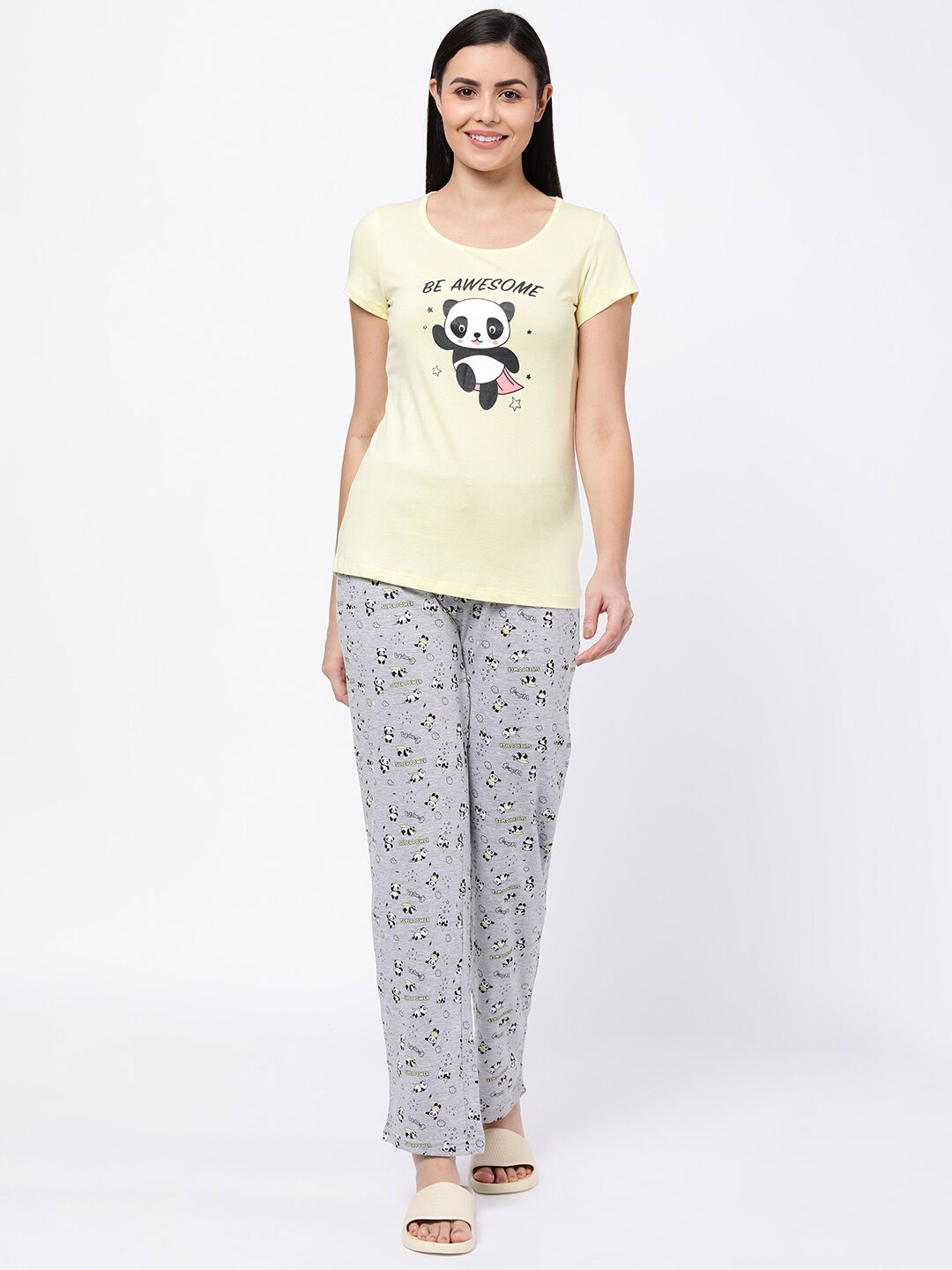 

R&B Conversational Printed Pure Cotton T-shirt With Pyjamas Night Suit, Yellow