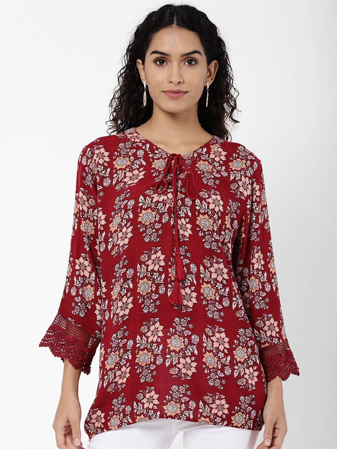 

R&B Burgundy Floral Print Tie-Up Neck Top