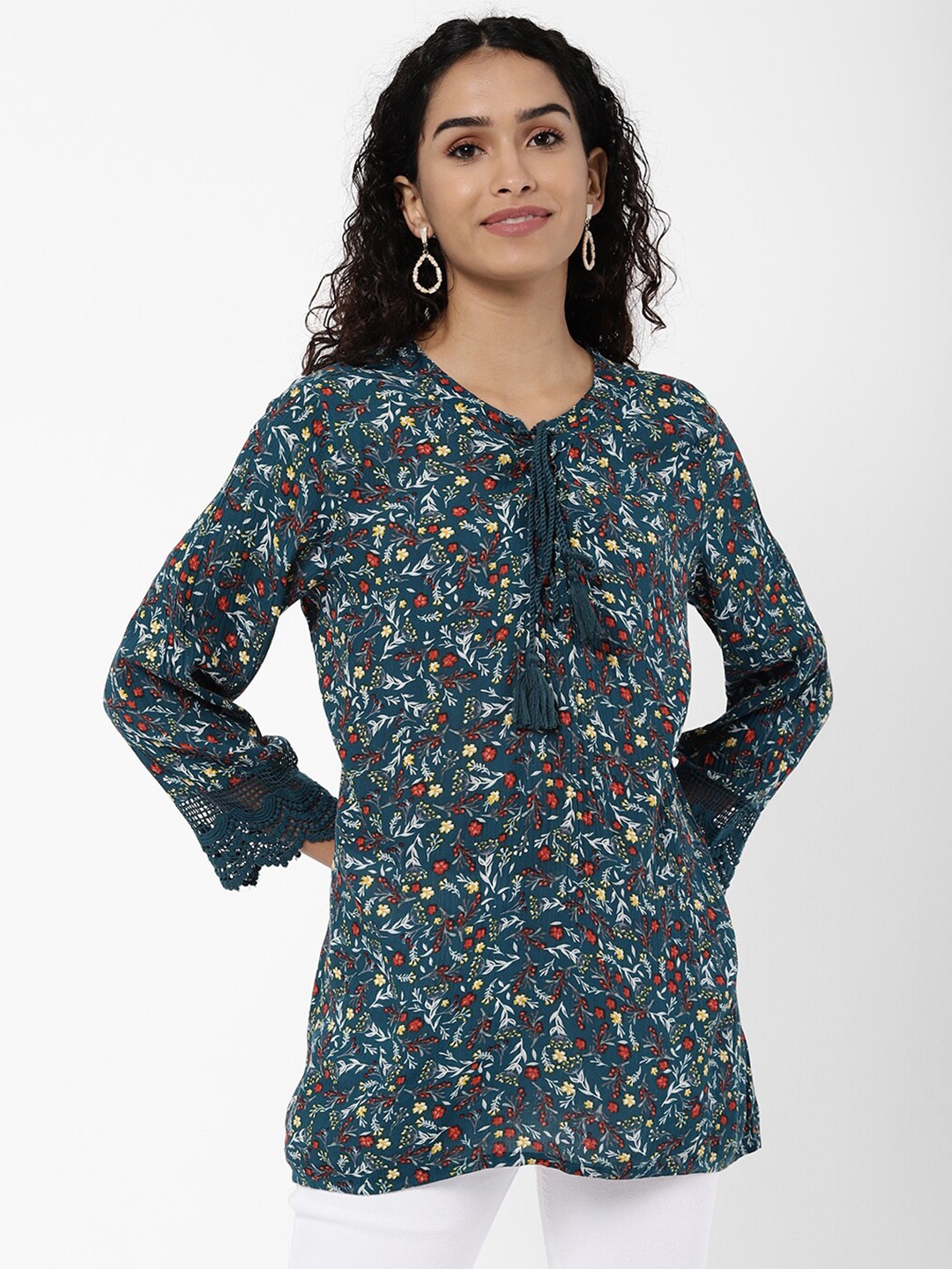 

R&B Blue Floral Print Tie-Up Neck Top