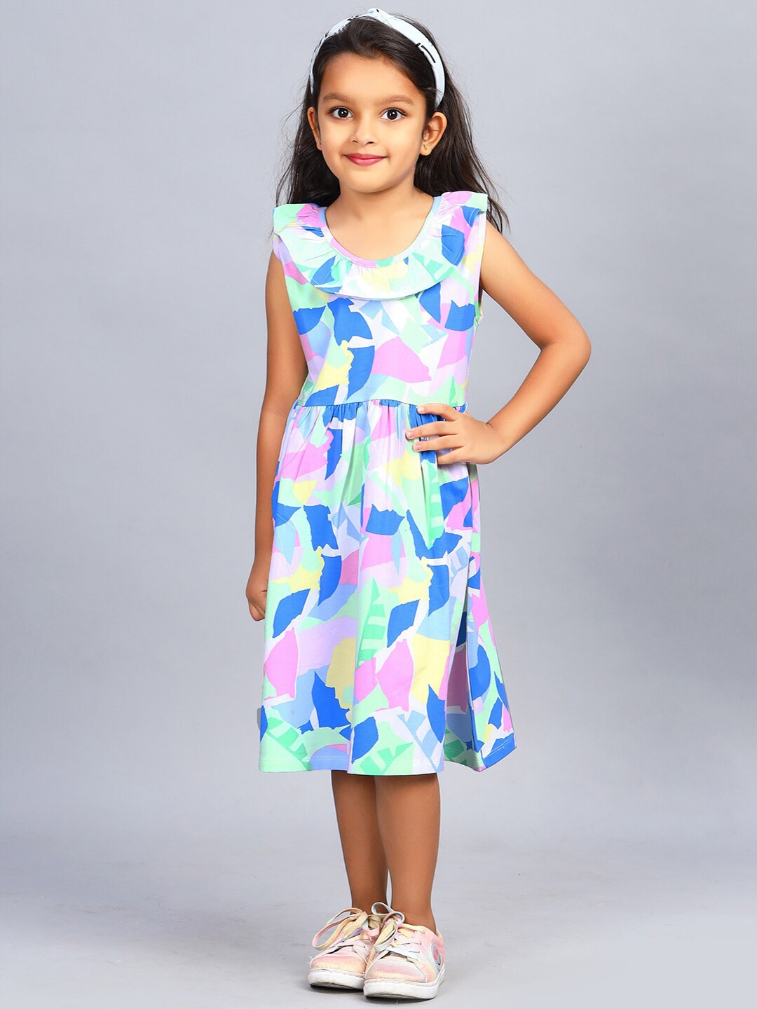 

ZION Girls Abstract Printed Ruffled Cotton A-Line Midi Dress, Blue