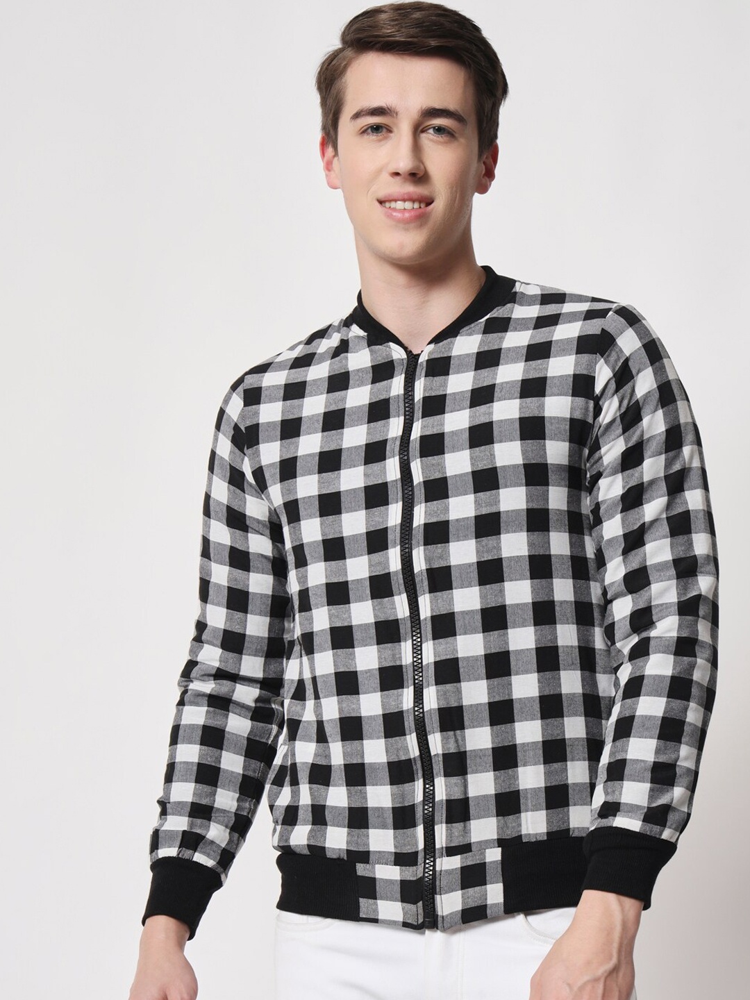 

BAESD Collarless Checked Bomber Jacket, Black