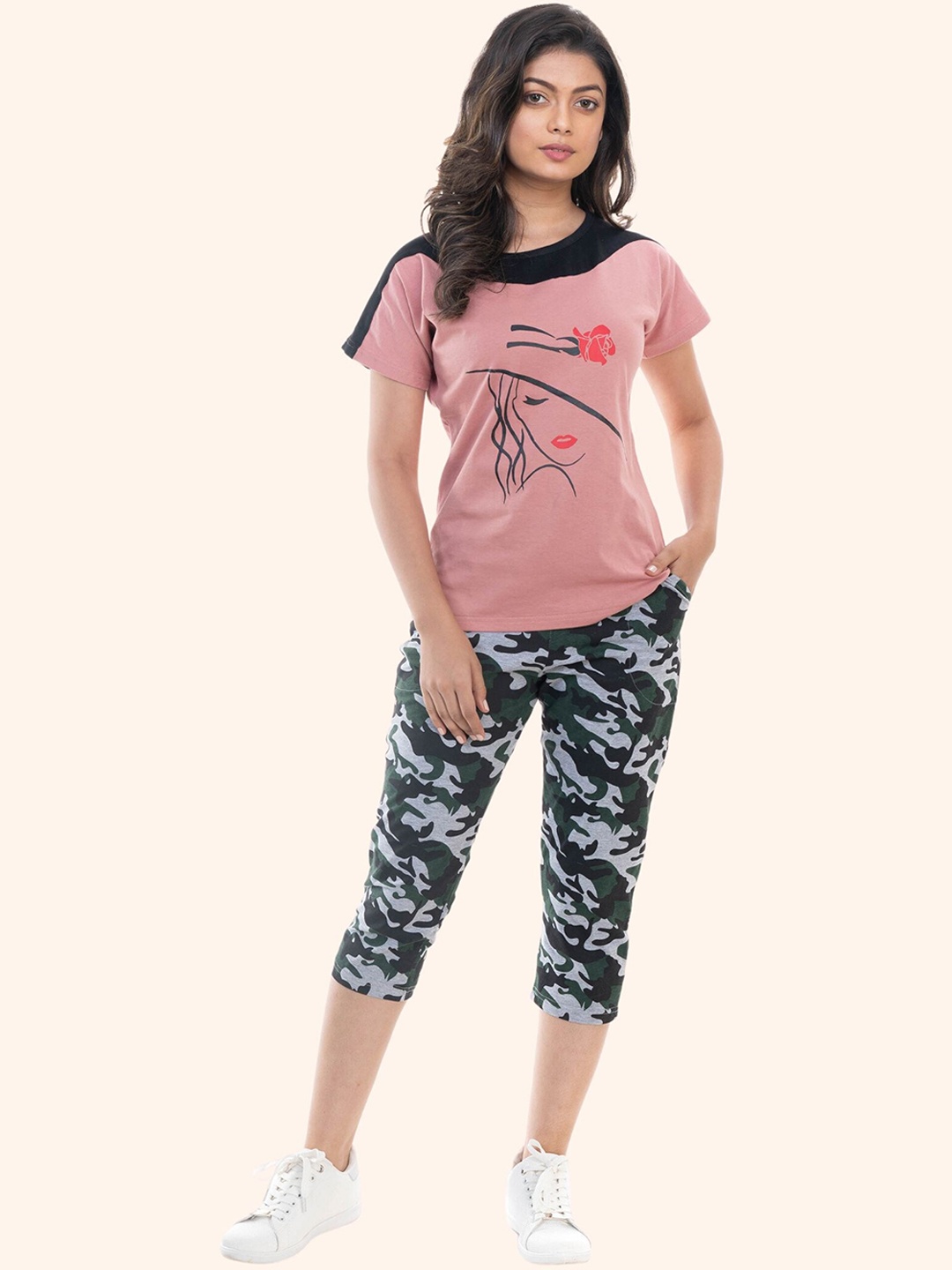 

StyleAOne Printed Pure Cotton T-Shirt With Capris, Rose