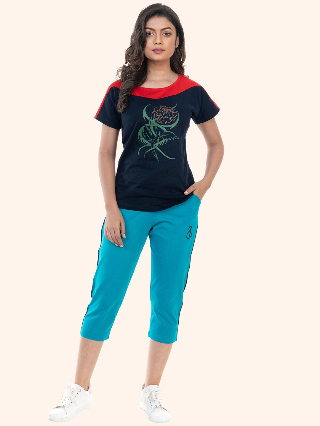 

StyleAOne Printed Pure Cotton T-Shirt With Capris C_T-Shirts_SETS_2008_L, Blue