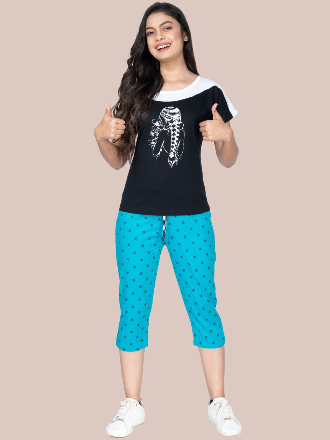 

StyleAOne Printed Pure Cotton T-Shirt With Capris C_T-Shirts_SETS_2043_L, Blue