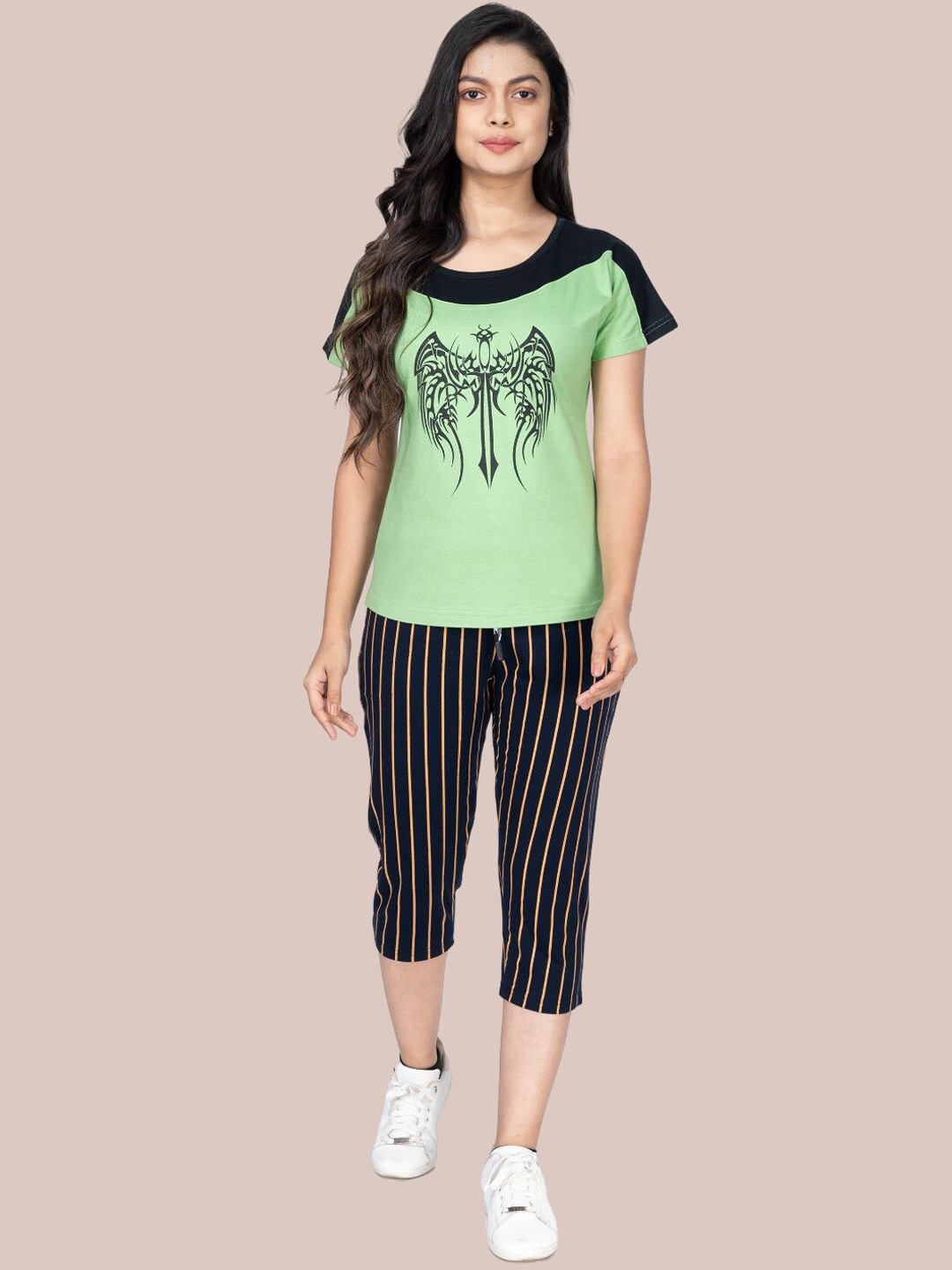 

StyleAOne Printed Pure Cotton T-shirt with Capris, Navy blue