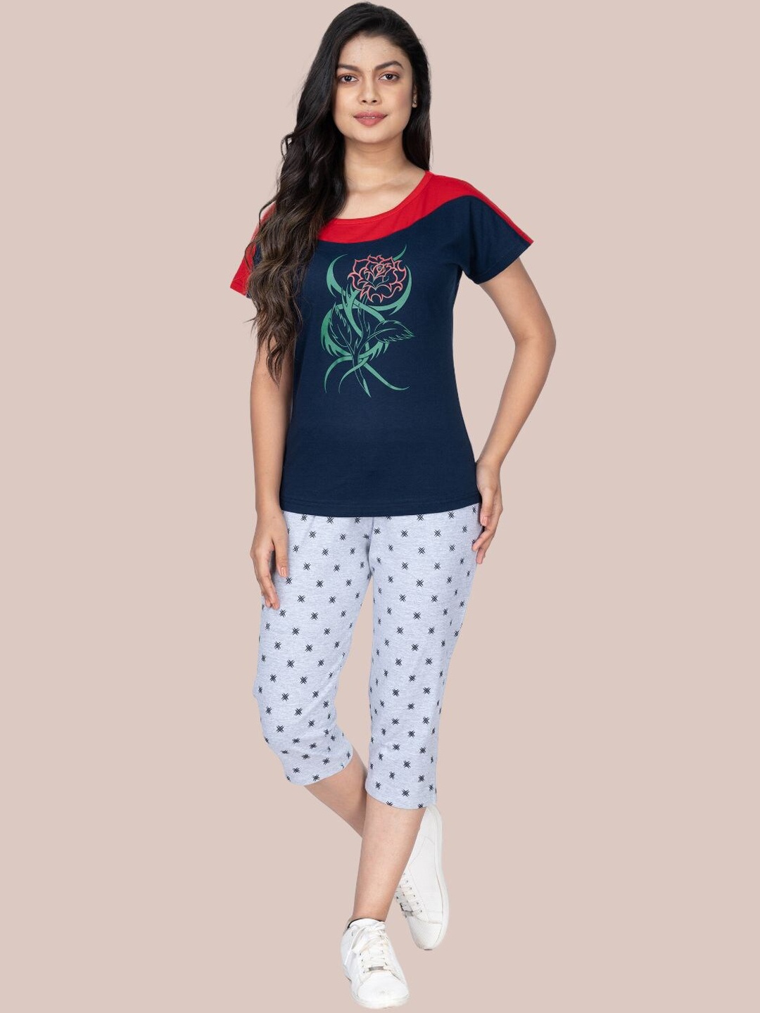 

StyleAOne Printed Pure Cotton T-shirt With Capris, Grey