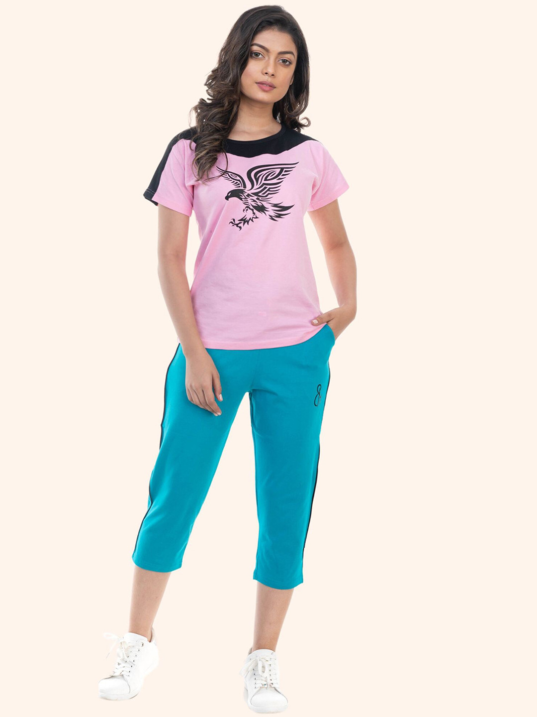 

StyleAOne Printed Pure Cotton T-shirt With Capris, Pink