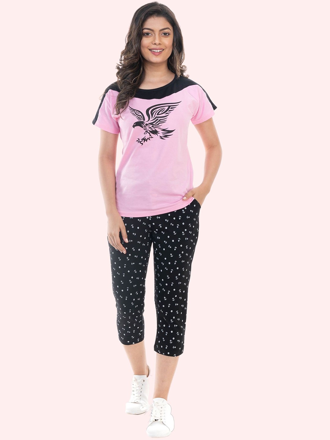 

StyleAOne Printed Pure Cotton T-shirt With Capris, Pink