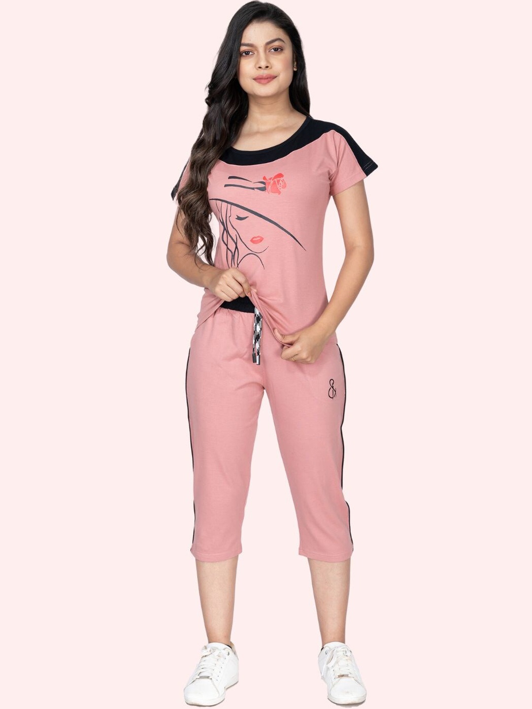 

StyleAOne Printed Sports T-Shirt With Capris, Pink