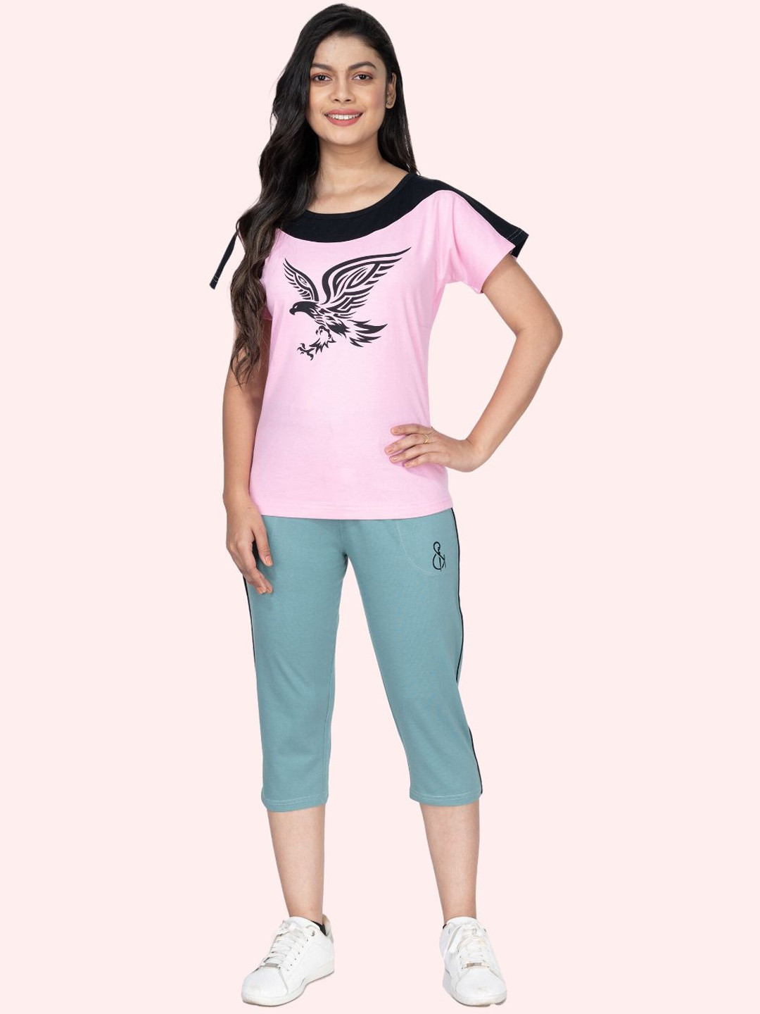 

StyleAOne Printed Pure Cotton T-shirt With Capris, Pink