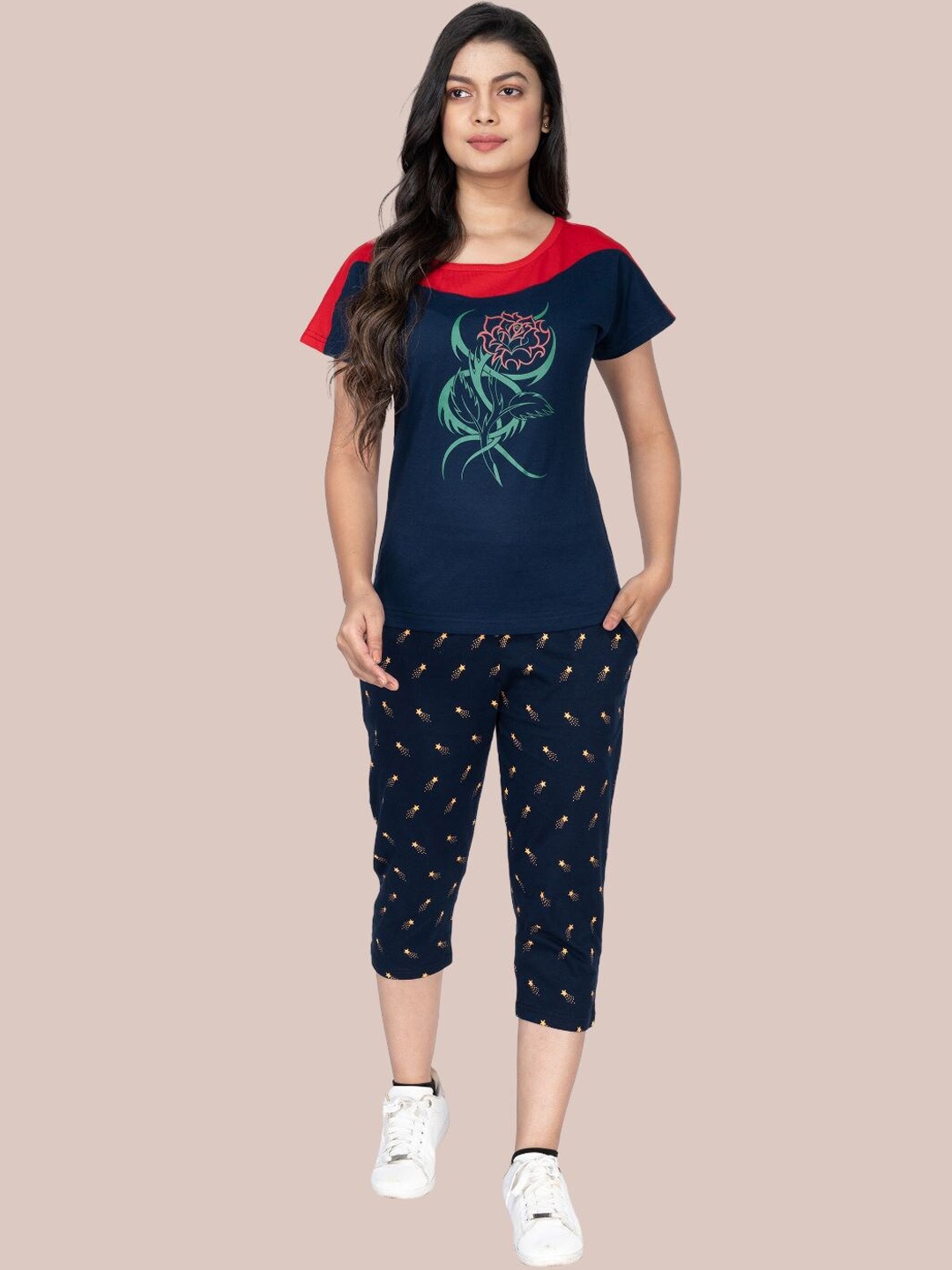 

StyleAOne Printed Sports T-shirt With Capris, Blue