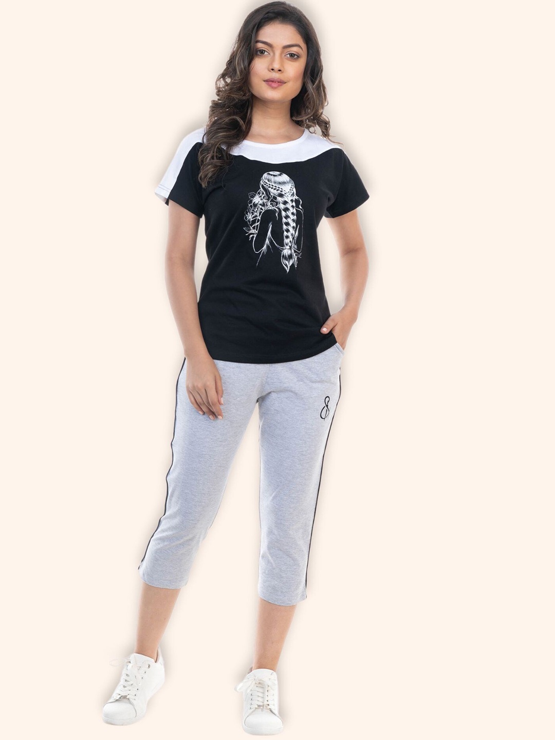 

StyleAOne Printed Pure Cotton T-shirt With Capris, Black
