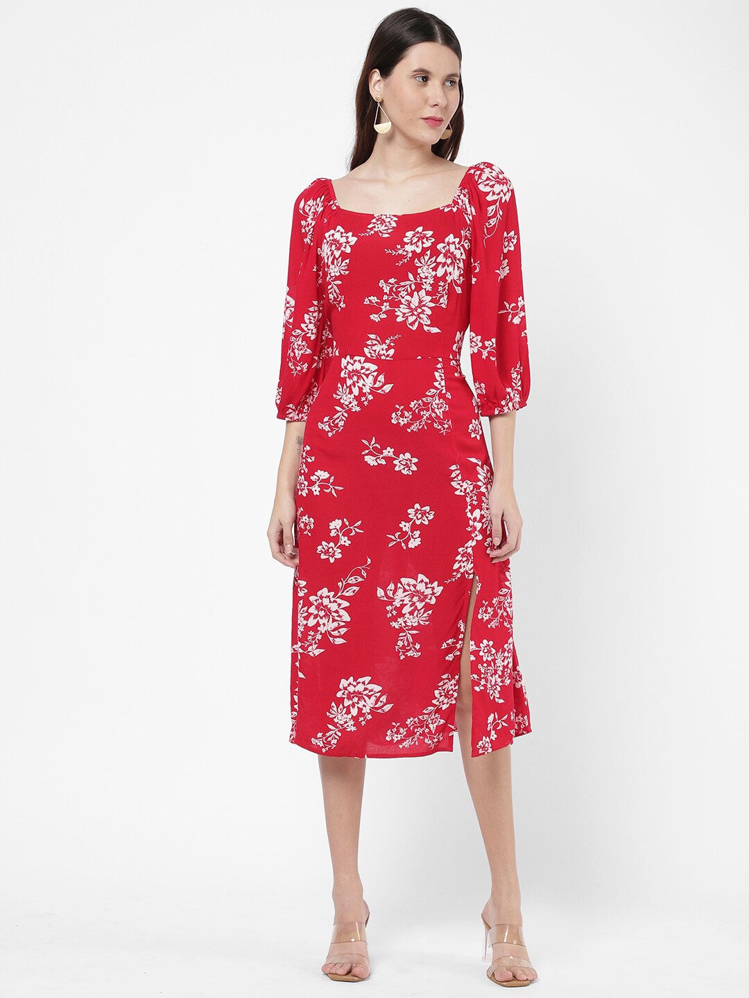 

R&B Floral Printed Puff Sleeves A-Line Midi Dress, Red