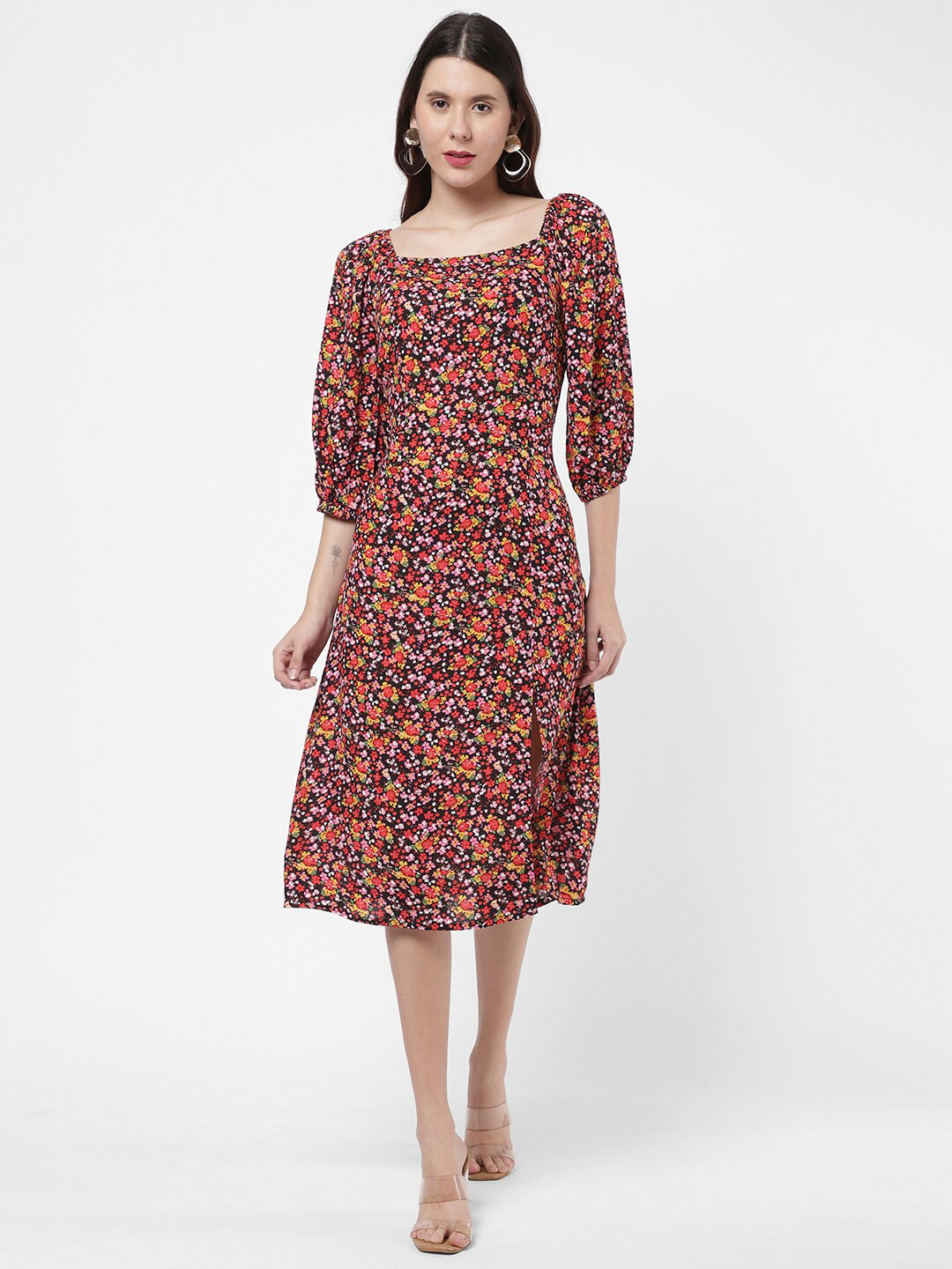 

R&B Floral Printed Puff Sleeves A-Line Midi Dress, Black