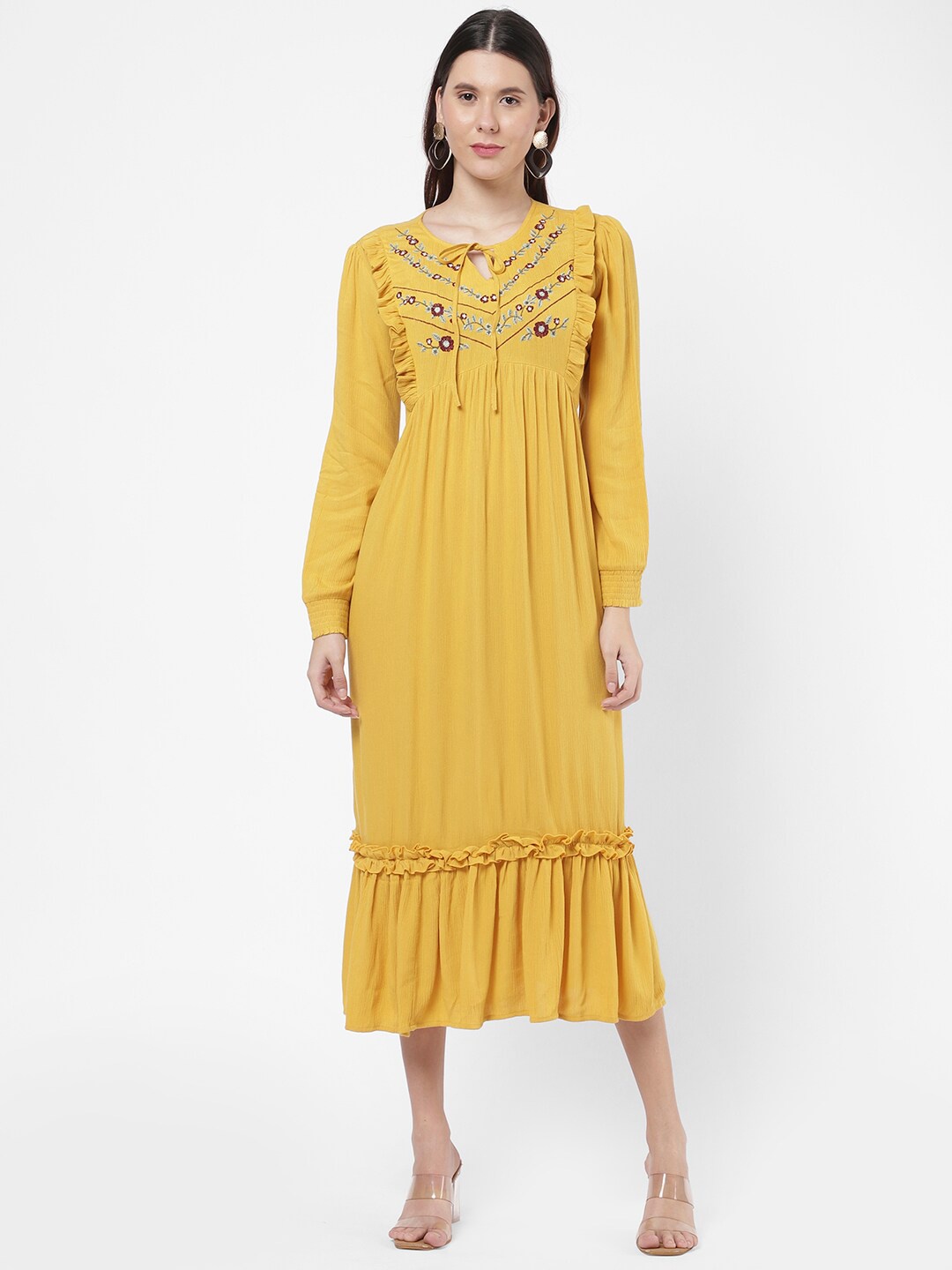 

R&B Tie-Up Neck Embroidered Cuffed Sleeves A-Line Midi Dress, Yellow