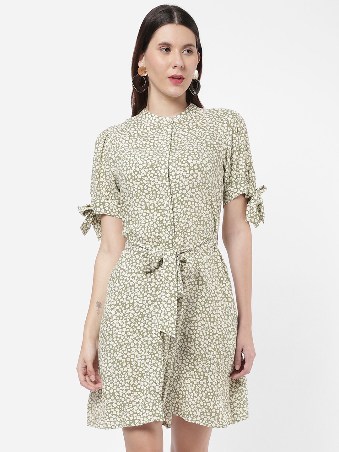 

R&B Floral Printed Tie-Ups Puff Sleeves A-Line Dress, Green