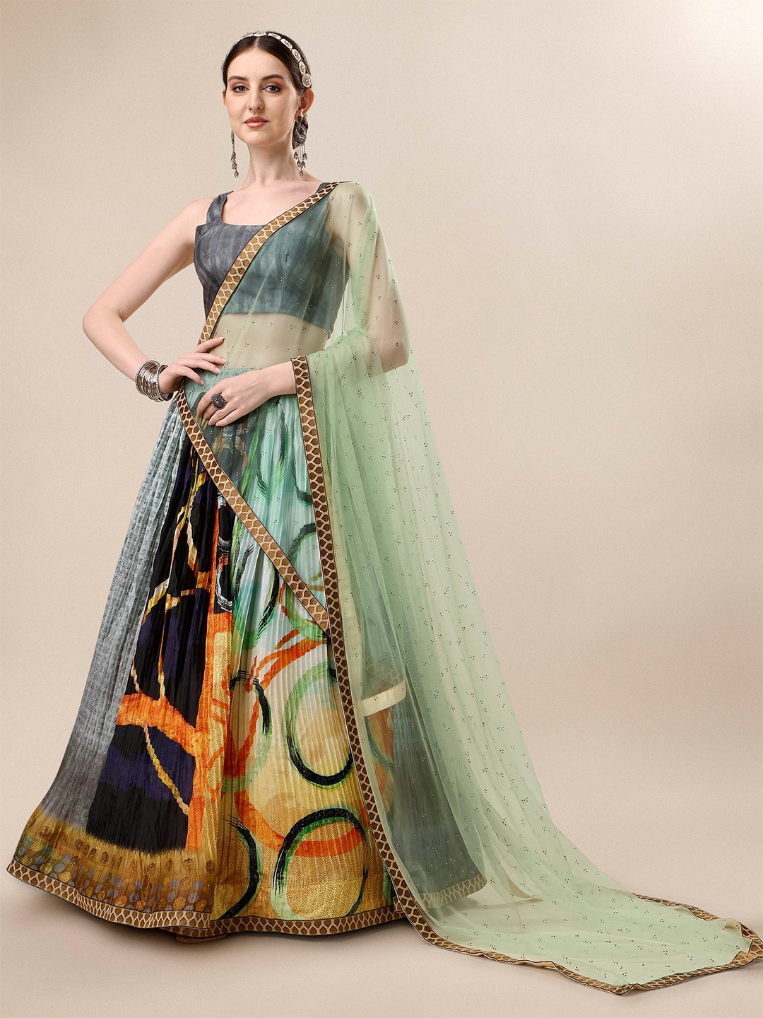 

SAPTRANGI Printed Semi-Stitched Lehenga & Unstitched Blouse With Dupatta, Grey