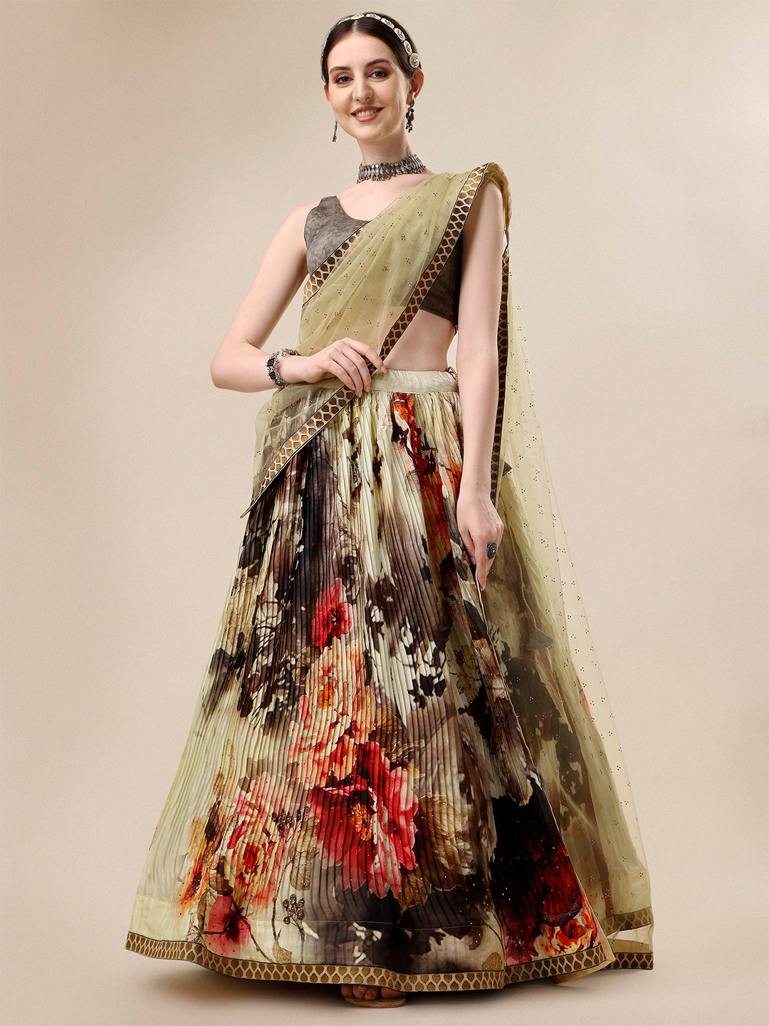 

SAPTRANGI Printed Semi-Stitched Lehenga & Unstitched Blouse With Dupatta, Brown