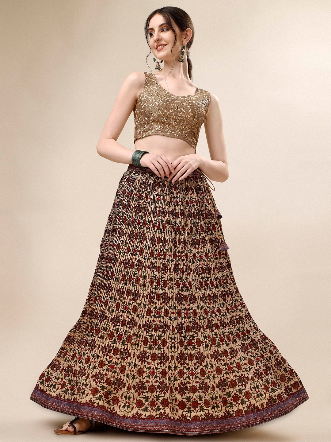 

SAPTRANGI Embroidered Semi-Stitched Lehenga & Unstitched Blouse With Dupatta, Cream