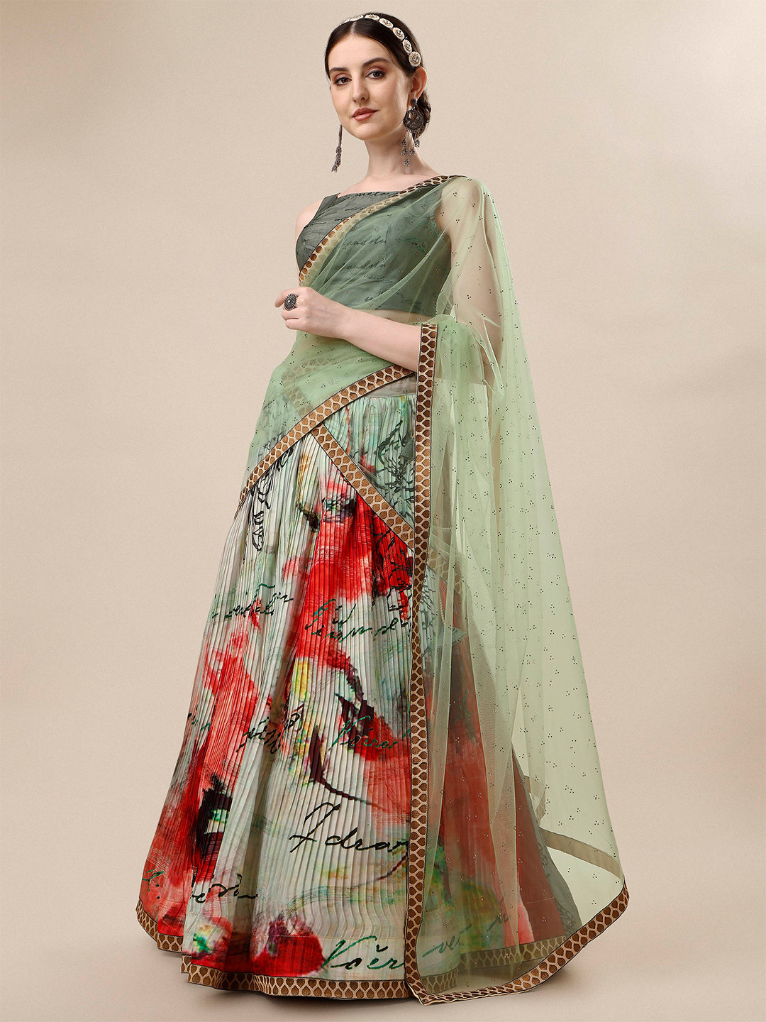

SAPTRANGI Printed Semi-Stitched Lehenga & Unstitched Blouse With Dupatta, Grey