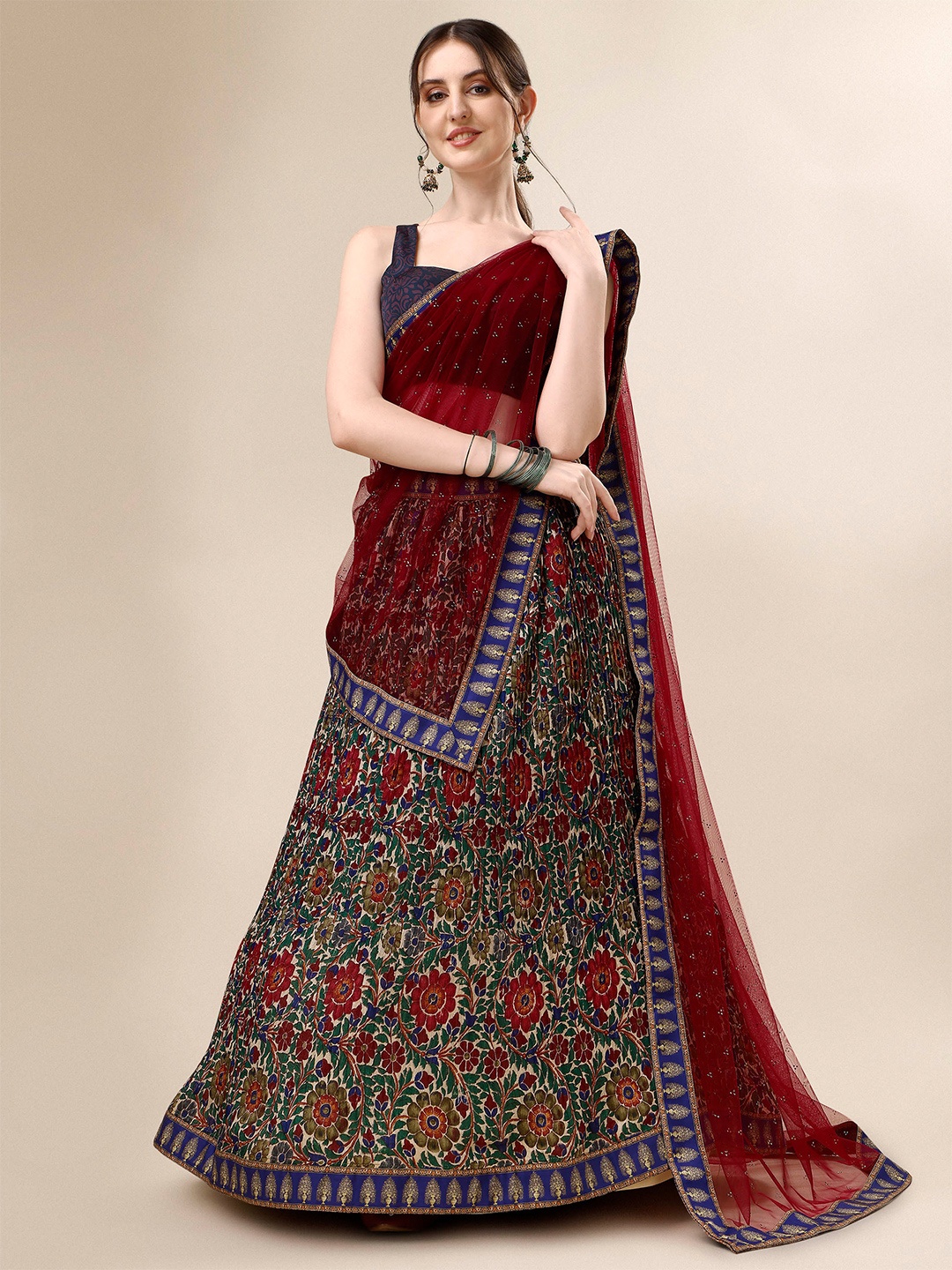 

SAPTRANGI Printed Semi-Stitched Lehenga & Unstitched Blouse With Dupatta, Maroon