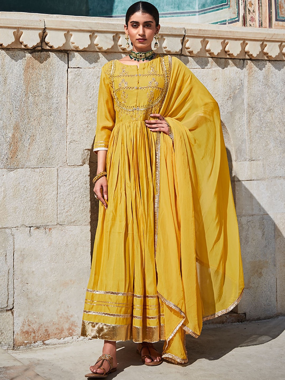 

Jaipur Kurti Yellow And Gold-Toned Embroidered Anarkali Kurta With Organza Dupatta