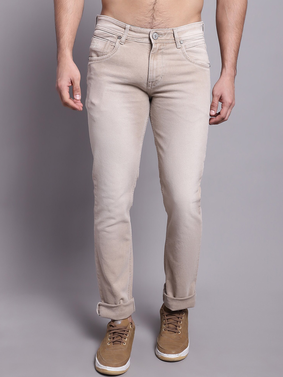 

Cantabil Men Comfort Mid-Rise Clean Look Stretchable Jeans, Beige