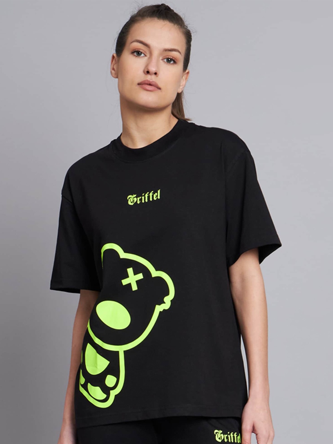 

GRIFFEL Graphic Printed Drop-Shoulder Sleeves Oversized Cotton Casual T-Shirt, Black