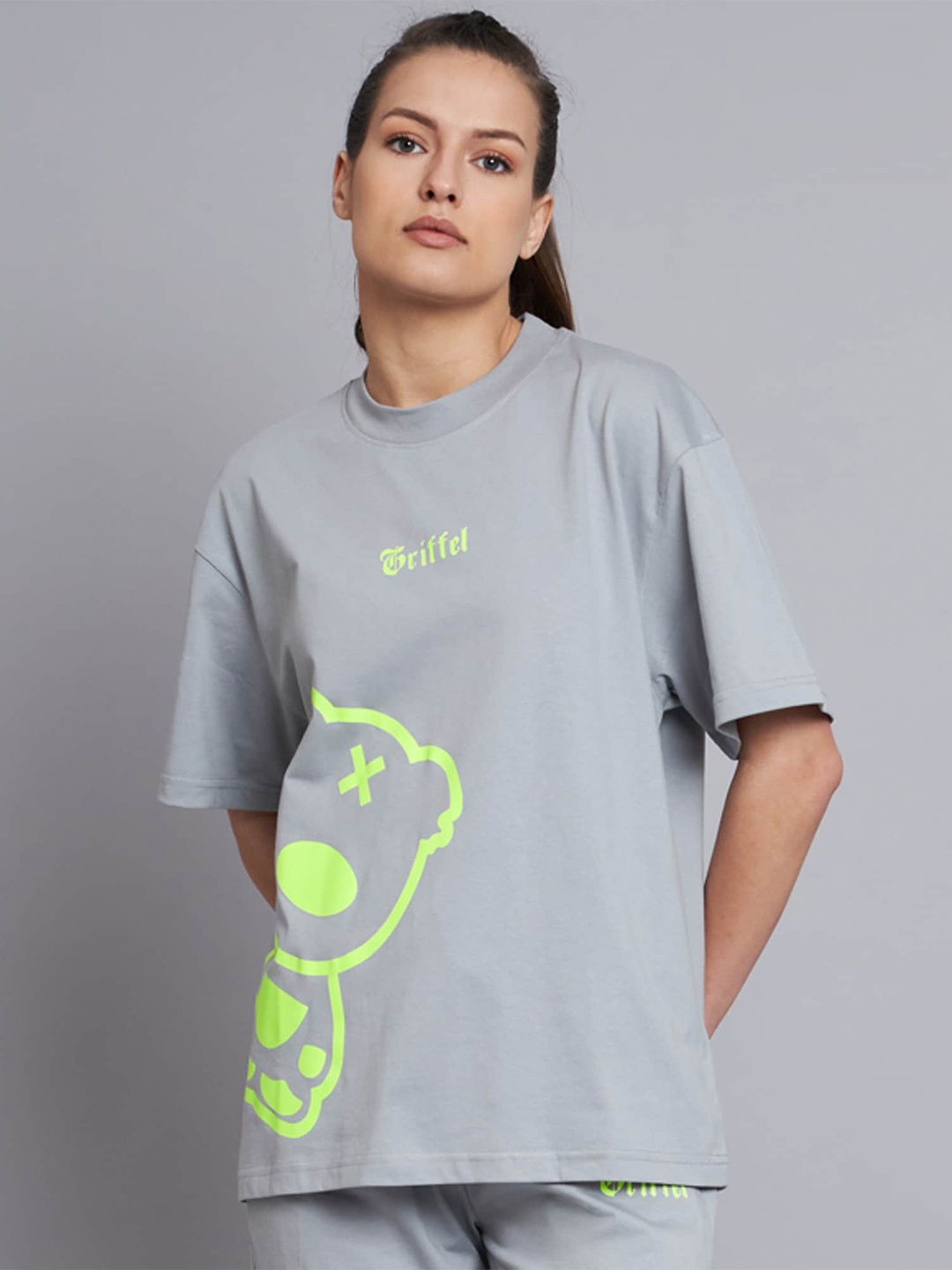 

GRIFFEL Graphic Printed Drop-Shoulder Sleeves Oversized Cotton Casual T-Shirt, Grey